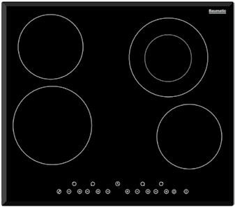 30 kw solid element (diameter 150mm) Also available in white Model GECE60W 60cm Electric Ceramic Cooktop 4 x electric cooking zones Frameless ceramic glass surface Side control knob operation
