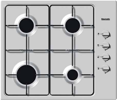 60cm Gas Cooktop BACG6004-C BACG6001 4 x burner cooktop Stainless steel finish Side control operation Automatic under knob ignition Durable enamel trivets One piece pressed hob Generous spill