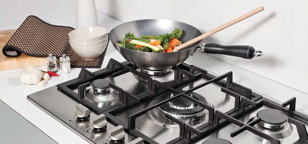 75cm Gas Cooktop 5 x burner cooktop with wok burner Stainless steel finish Front control knob operation Automatic under knob ignition Heavy duty cast iron