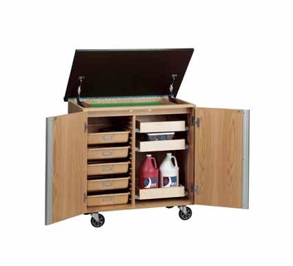 Mobile Storage Best Seller MOBILE TOTE TRAY STORAGE Store various materials with these large totes. Constructed of oak veneers and solid oak with a chemical resistant, earth-friendly UV fi nish.