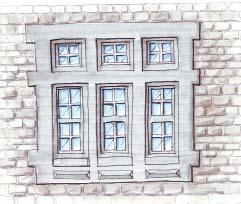 brick voussoirs, 1/1 transom window, 1/1 double hung. Bay windows will be appropriate for the architectural style and extend to the ground.