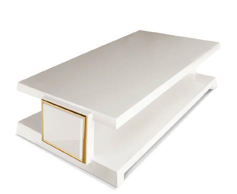 1 SIZE 150*80*h.45 Coffee table polished ivory lacquer finish. Brass gold finish details.
