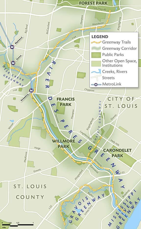 RIVER DES PERES GREENWAY HISTORY 1999: River des Peres Environmental Restoration Reconnaissance Study completed 2005: Phase I opens (Gravois to Morganford) 2008: Phase II opens