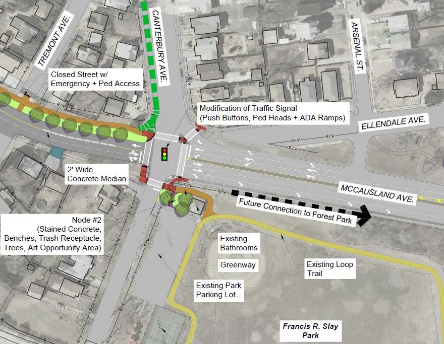 Modify Canterbury/McCausland traffic signal and add crosswalks to tie into new City Trail Create trailhead at Francis R.