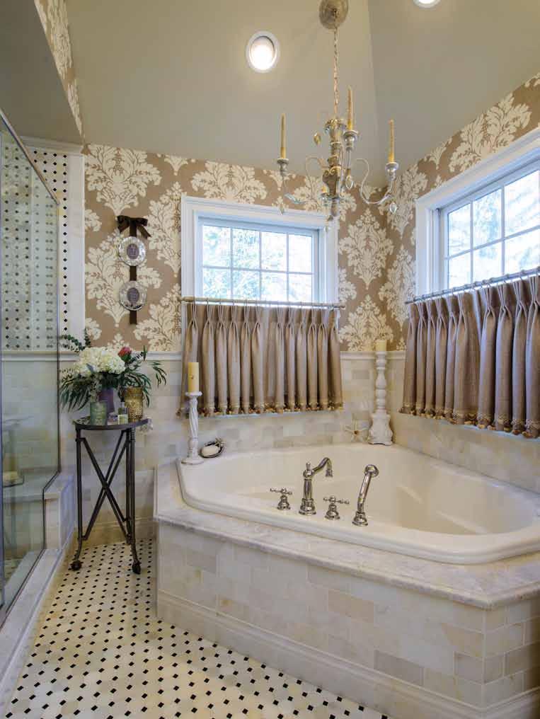 For a Renaissance feel, consider burnished gold wall treatments and pillars, surrounding a soothing step-up spa tub. Period artwork and rich fabrics add depth and interest.