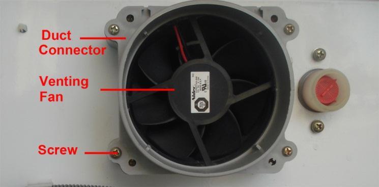 Disassemble the venting fan and its holder by removing four bolts, which fix them on the cabinet.