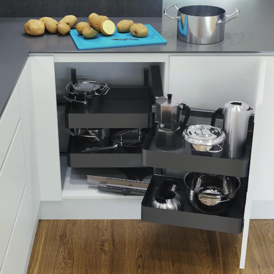 VS COR Fold in Planero Style VAUTH-SAGEL PREMIUM KITCHEN STORAGE NEW PLANERO RANGE Attractive and durable powder coated baskets in contemporary lava grey Cabinet widths: 800 and 900mm Door widths: