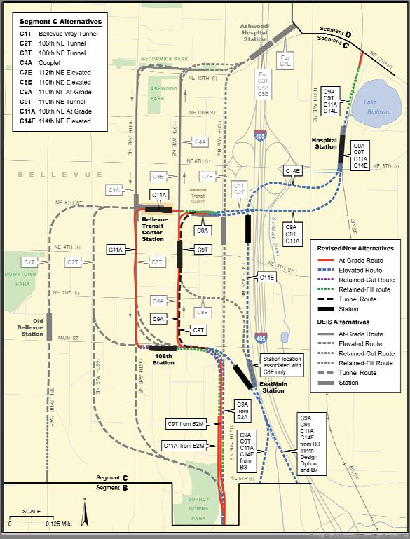 Segment C: Downtown Bellevue Segment C would travel between approximately SE 6th and NE 12th Streets.