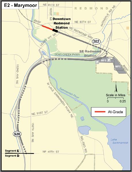 Preferred Marymoor Alternative (E2) Preferred Alternative E2 travels north, parallel to, and east of SR 520 in a combination of retained-cut and at-grade profiles and then transitions to an elevated
