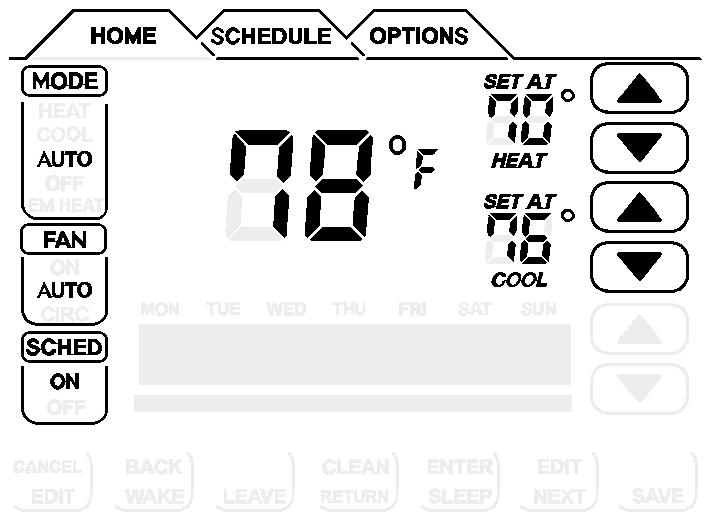 Display Fields & Touch Screen Points A Selection Tab touch fields Press to select: HOME (normal display), SCHEDULE (for programming), OPTIS (to set alerts, service reminders, and other user and