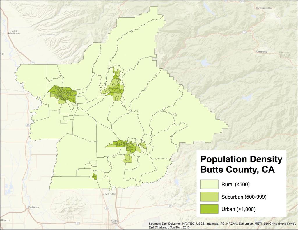 As illustrated in the previous map the majority of the unincorporated areas of the County that are protected by the Butte County Fire Department are rural in nature.
