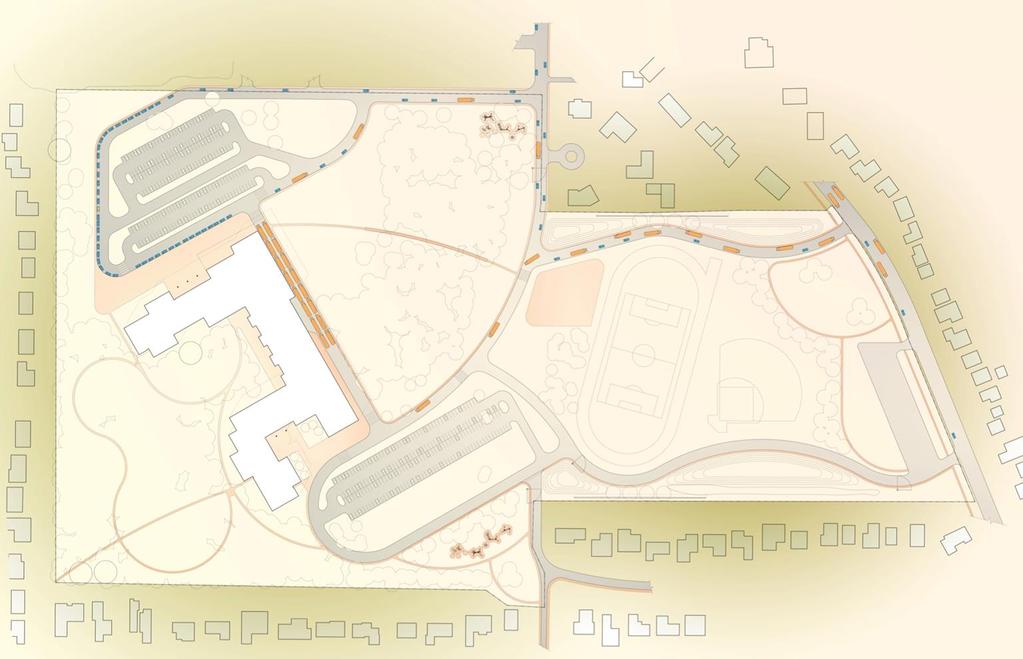 Red Oak Lane Middle School Campus site plan 5-6 afternoon pick-up Stratford Road LEGEND 1 Play area Parking 3 Recreation fields 4 Playground 5 Green space 6 Earth berm 5-6 woods 1 7 Site wall 8