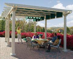 The Deluxe Pergola generally uses 30 canopies and includes additional beams on the outside of the tracks for more architectural