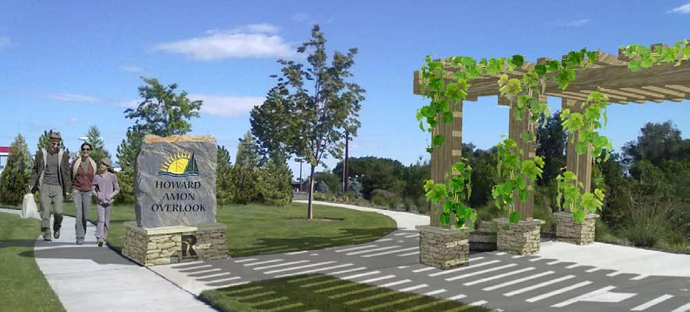 Proposed phase 2 pergola and stone pedestals are simulated with the same detailing and materials as the existing Lewis & Clark