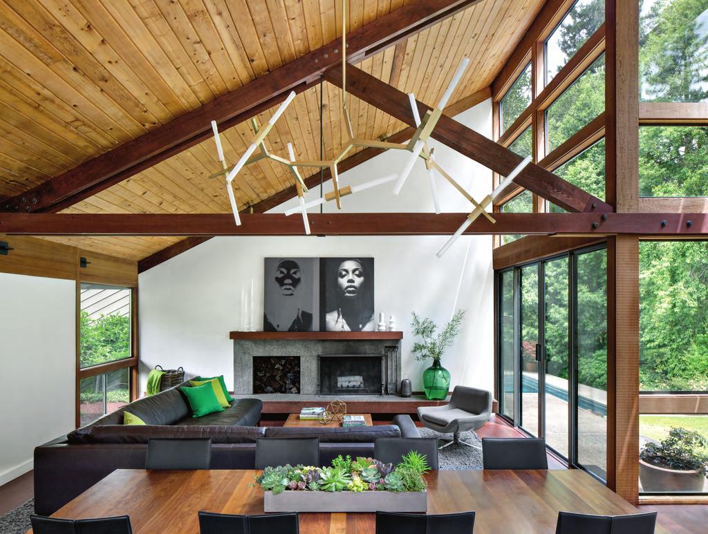 When remodeling this Sonoma County home, architect Andrew Mann decided to keep the original midcentury modern wood ceilings in the living room.