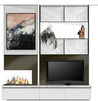 modern fireplace, embellished with fluted glass detail.