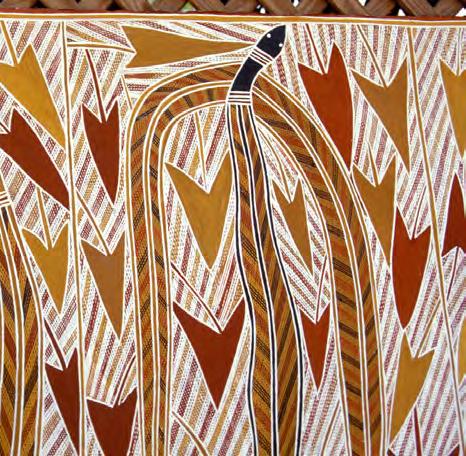 The paintings from Central Arnhem Land show figures of animals and people using strong lines and cross-hatching. The lines and colours all have meaning within the paintings and help to tell the story.