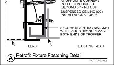 Secure second screw to T-bar structure on opposite diagonal side of troffer. Attach troffer to existing T-bar per Diagram 1. Secure / brace troffer to structure above per applicable building codes.