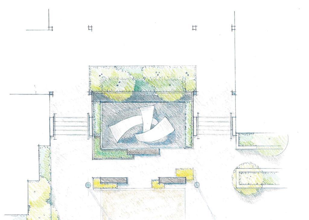 OPTION 1A A Focal point sculpture by NW artist, John Geise, uplit with colored, recessed LED fixtures B Existing plaza with donor brick pavers pulled eastward C Existing ramp & concrete planter walls