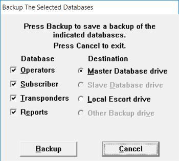Security Escort The online tools en 39 Figure 6.3: Backup dialog When the Backup menu item is chosen, options are presented to save the databases to the master or slave computer s hard drive.