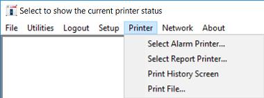 From the Printer menu, the printers can be selected to print alarms, reports, history screen, and other files.