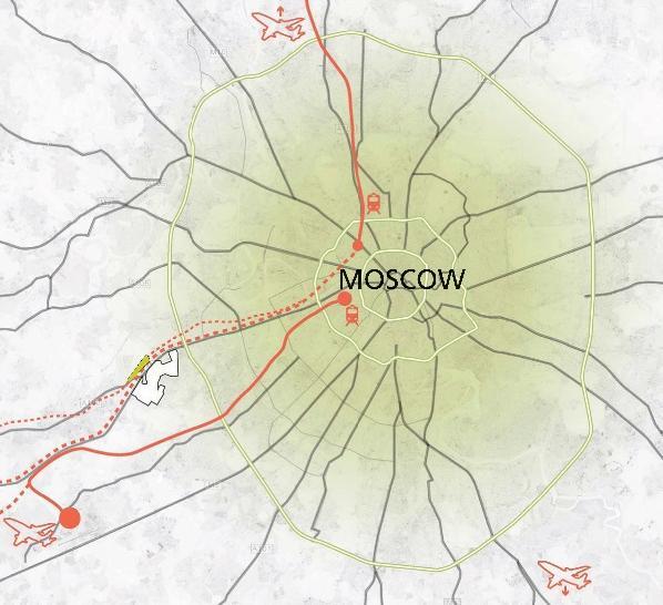 UP-130.04 SITE CONNECTIONS The project is the first component in a larger development sited along a main highway and commuter train line radiating west from the center of Moscow.