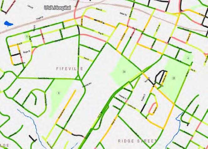 Tree Canopy Coverage of Neighborhoods and Their Streets (within 50ft of road centerlines) Barracks/Rugby Johnson Village Fry's Spring Greenbrier Locust Grove Lewis Mtn Venable Ridge Street Woolen