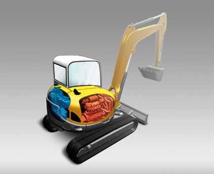 The unique construction principle of the Wacker Neuson Zero Tail machines. Engine placed at the side with an additional dividing wall to the cab: - Minimisation of noise and vibration to the cab.