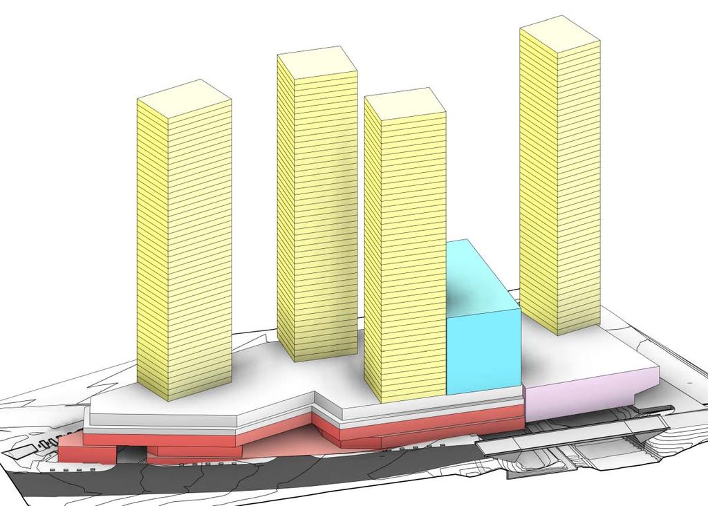 The podium and the fourth, westernmost tower are designed, subject to municipal approvals, to encroach and build-over a north-south section of the Trillium Line corridor, south of the Bayview transit