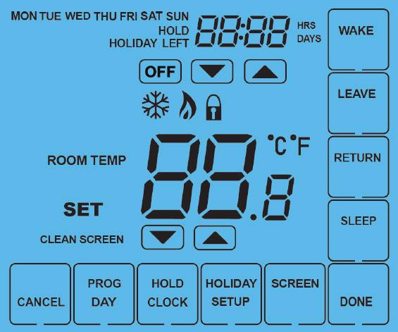 1 2 3 4 5 6 7 LCD Display 8 9 10 11 12 13 14 15 17 16 18 1. Day Indicator - Displays the day of the week. 2. Holiday Indicator - Displayed when the thermostat is in Holiday mode. 3. Temperature Hold - Displayed when the thermostat is in Hold mode.