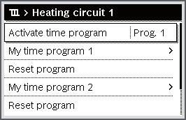 Use the main menu Use Select active time program for house heating When the initial menu is active, press the menu button to open the main menu. Press the menu dial to open the menu Heating/Cooling.