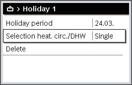 If a period has not been set for the holiday program, the start and end date for the holiday program must be set. The following menu is then shown Holiday 1, 2, 3, 4 or 5.