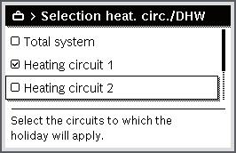 Use the main menu Use Press the menu dial to open the menu Selection heat. circ./dhw. When Total system is selected all the system parts are marked.