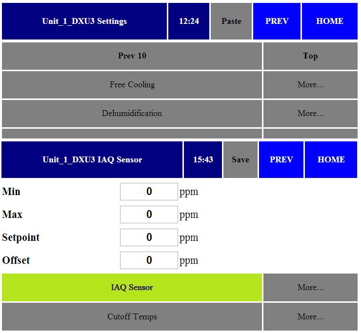 set Deadband in PPM. d.press Save. 8.Press IAQ Sensor. 5.The IAQ Mode menu opens. a.select IAQ sensor input Mode: - Digital = Open/close switch sensor -Analog = 0-10VDC Sensor (shown) b.