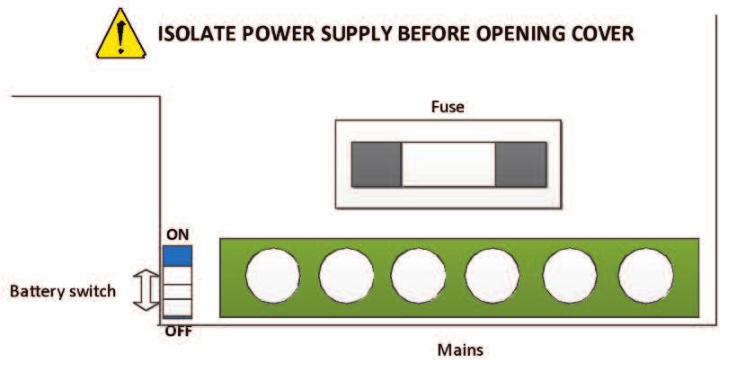 Connect the supply to the unit, as per diagram below, using the appropriate input voltage according to the application. (v) Battery The battery supplied is a 3.