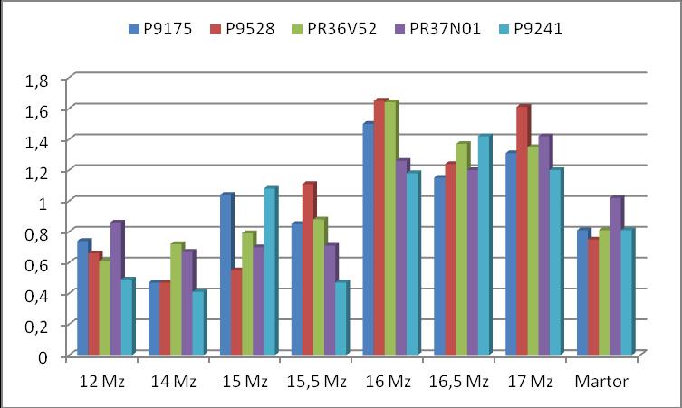 highest fresh weight was recorded in V5 version (1.65 g), hybrid P9528, and the smallest in variant V2 (0.41 g) at hybrid P9241.