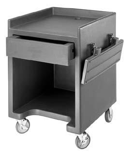 Open bottom shelf features a cut out design so that the operator can sit or stand comfortably without bumping ankles or knees.