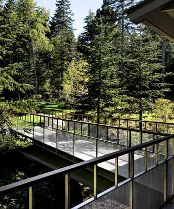 lift. A stainless-steel cantilevered bridge with cypress handrails, as seen from the front deck.