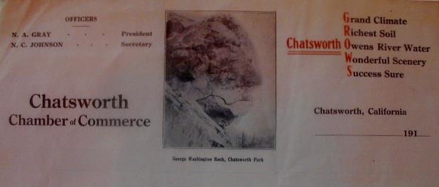 George Washington Rock was on the Chatsworth Chamber of Commerce letterhead