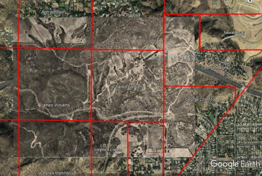 A 1928 aerial overlay on Google Earth, with Homesteader boundaries identified in red.