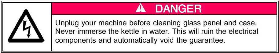 CARE AND CLEANING Do NOT immerse the equipment in water. Unplug your machine before cleaning. Clean your machine daily.