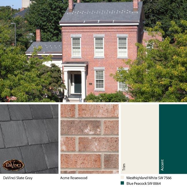 A Brownstone roof and brownish taupe neutrals open the door to a wide range of accent colors including soft yellow, warm blue, or gray-green.