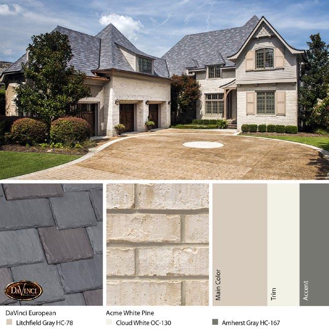 Create a cohesive scheme by selecting a white for your siding and trim that is very similar to the cast of the brick. Play up the colors peeking out around each brick as accent colors.