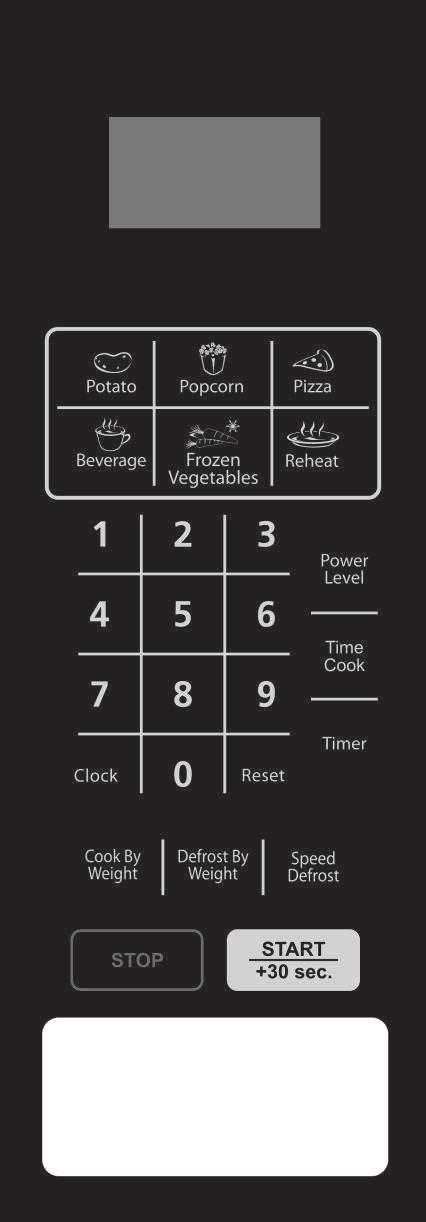 Control Panel MENU ACTION SCREEN Cooking time, power, indicators and clock time are displayed.