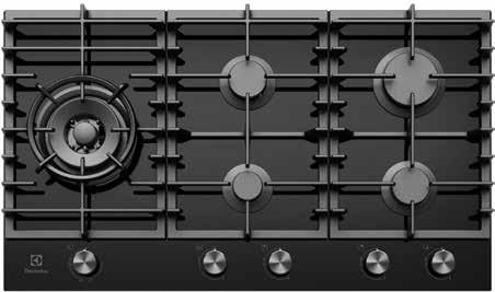 Electronic ignition Metalised knobs for quality feel and finish Black ceramic gas cooktop Stainless steel gas cooktop EHG955BD 90cm 5 burner gas cooktop Cut-out dimensions (mm) 880 (W) x 490 (D) 55