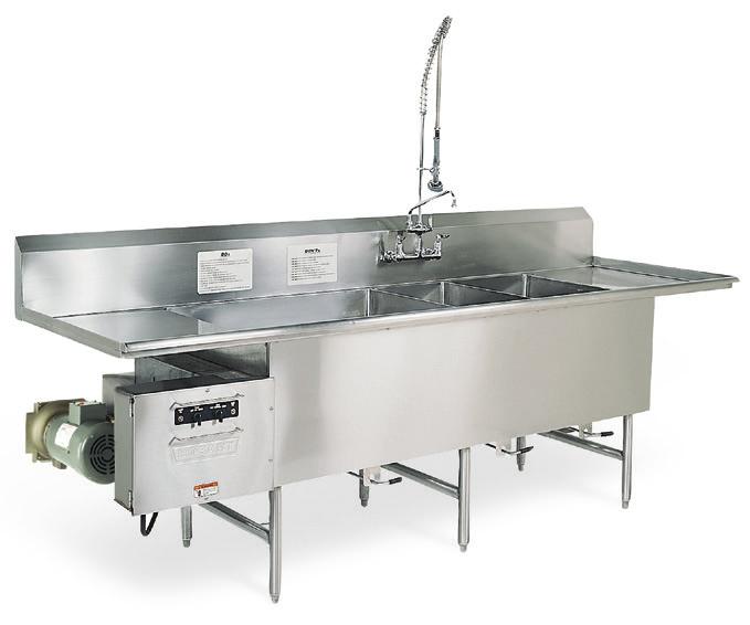 POT, PAN AND UTENSIL WASHERS POWERED SINK TURBOWASH II Polished stainless throughout; sinks, drainboards, splashes and rolled rims are 14-gauge Heavy-duty centrifugal pump with 4" diameter intake, 3"