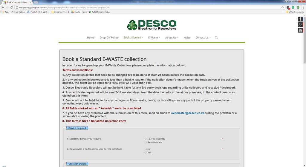 lection, go to www.desco.co.za, to complete the online booking form under Book a Service.