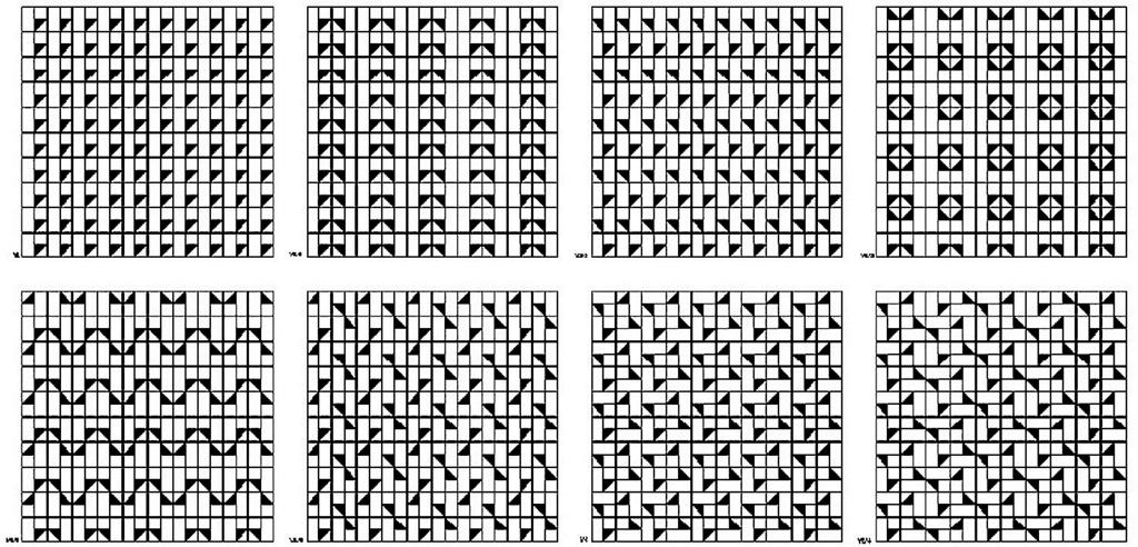 Figure 2 Designs from the wallpaper symmetry group using a square unit The textile façade For the façade designs, Wright repeated each block to create the pattern for each house, thereby creating a