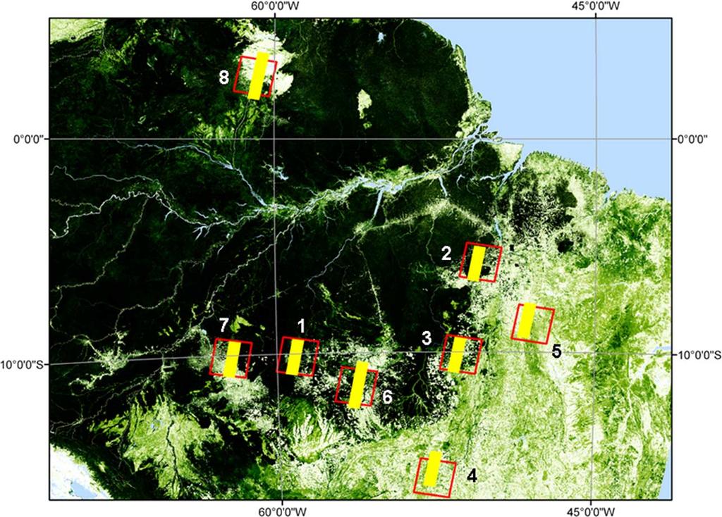 CSISZAR AND SCHROEDER: SHORT-TERM OBSERVATIONS OF THE TEMPORAL DEVELOPMENT OF ACTIVE FIRES 249 Fig. 1. Footprints of same-day ASTER/ETM+ imagery from 2001, 2002, and 2003 in the Brazilian Amazon.