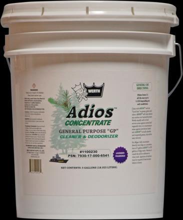 ADIOS CONCENTRATE Cleaner Degreaser Item # 410037, DM (5 gallons) Item # 410039, DM (55 gallons) Works equally well in food